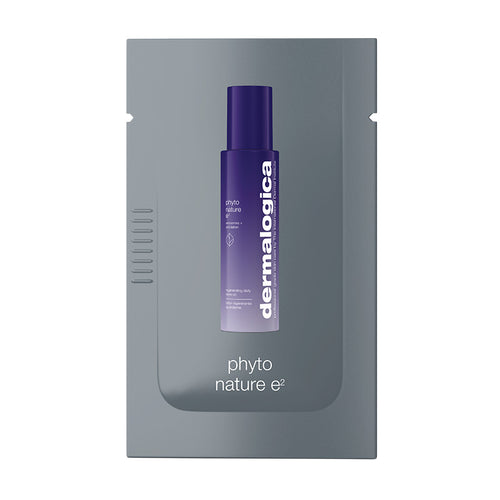 A gray packet labeled “phyto nature e2 sample” from Dermalogica South Africa features an image of a purple product bottle and “phyto nature e²” text at the bottom.