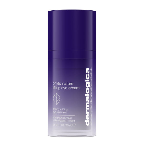 A purple bottle of Dermalogica South Africa phyto nature lifting eye cream 15ml, featuring white text and formulated as a firming and lifting eye treatment that targets fine lines for effective anti-aging results.