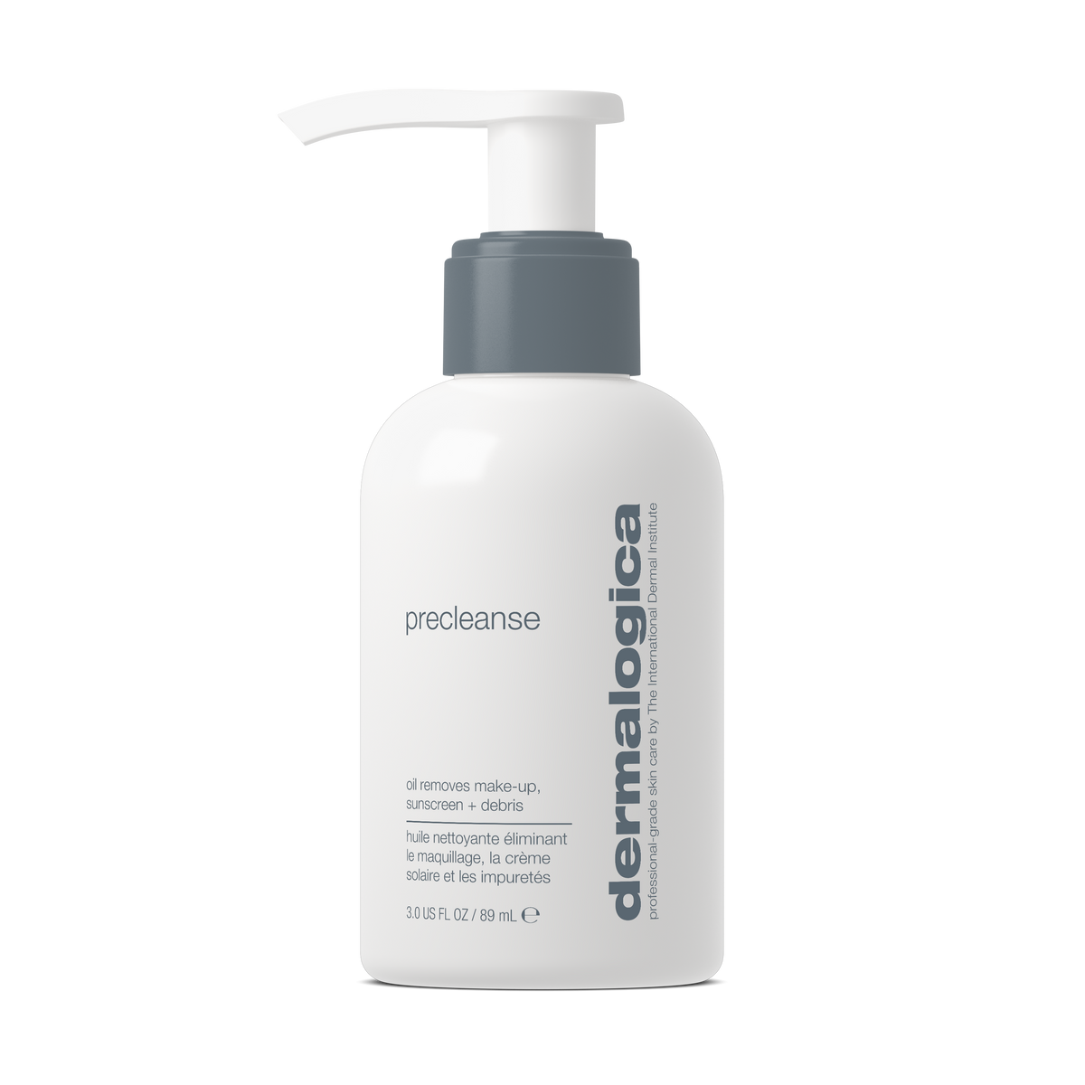 White Dermalogica precleanse bottle of deep cleansing oil with a gray pump dispenser.