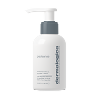 A white Dermalogica precleanse bottle with a gray pump and bilingual label, highlighting its use as a deep cleansing oil for double cleansing to remove makeup, sunscreen, and impurities.