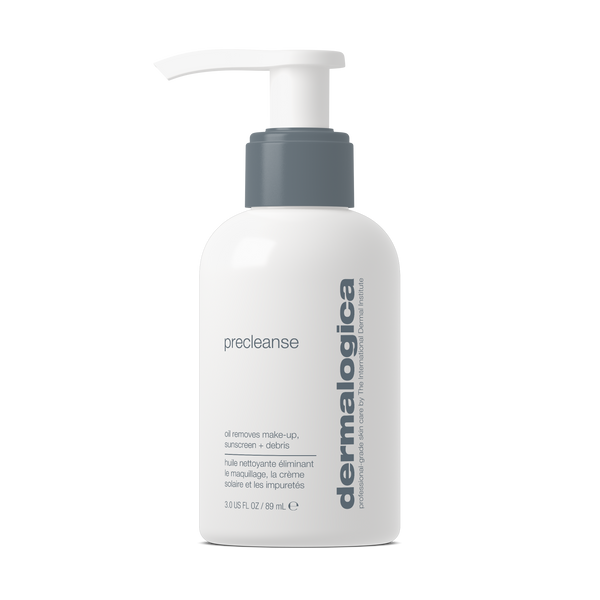 White Dermalogica precleanse bottle of deep cleansing oil with a gray pump dispenser.