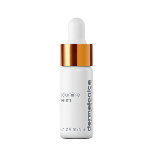A small 3ml bottle of Dermalogica gift | biolumin-c serum trial stands upright, featuring a white design and metallic orange dropper cap against a plain white background.