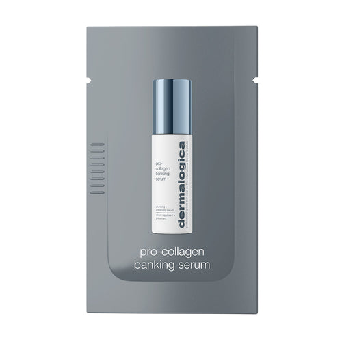 A packet featuring a bottle of pro-collagen banking serum sample from Dermalogica South Africa. The gray packaging with white and silver accents displays the product name and brand logo.