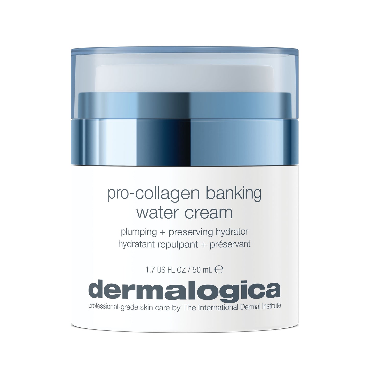 A white and blue 1.7 fl oz jar of Dermalogica South Africa pro-collagen banking water cream with peptide complex, labeled as an anti-aging, plumping, and preserving hydrator.