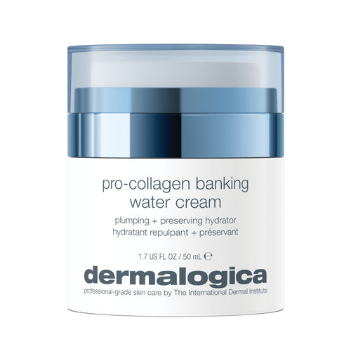 Dermalogica South Africa pro collagen banking water cream is an anti-aging hydrator in a 1.7 fl oz (50 ml) white jar with metallic blue lid, supporting collagen and elastin for plumper, more youthful skin.