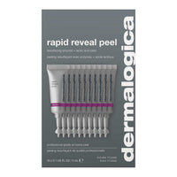 A small silver tube of Dermalogica rapid reveal peel holds 0.1 fl. oz. (3 mL) of exfoliant with lactic acid and features a pointed applicator tip plus a purple accent near the bottom.