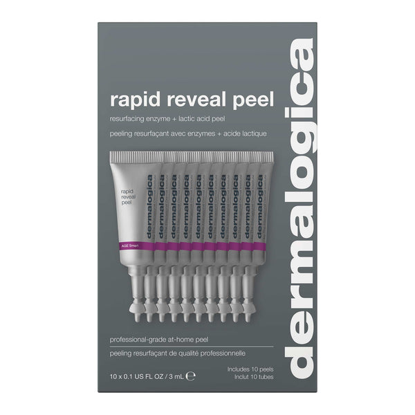 Dermalogica rapid reveal peel comes in a box of ten small tubes arranged in two rows. The gray packaging emphasizes this resurfacing exfoliant, powered by lactic acid and AHAs, for visibly radiant skin.