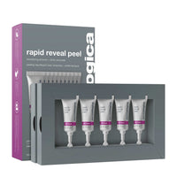 A small silver tube of Dermalogica rapid reveal peel holds 0.1 fl. oz. (3 mL) of exfoliant with lactic acid and features a pointed applicator tip plus a purple accent near the bottom.
