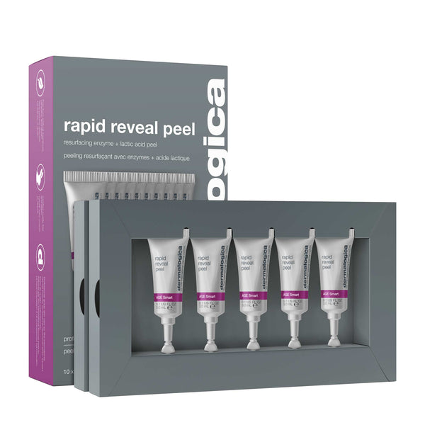A box of Dermalogica rapid reveal peel featuring five tubes of resurfacing exfoliant with lactic acid and AHAs in a gray and purple package.