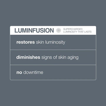 A Dermalogica luminfusion graphic highlights restored skin luminosity, reduced signs of aging, and no downtime—now with LED red light therapy. Features white and bold text on a gray background.