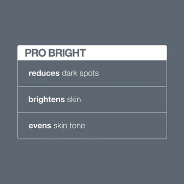 A graphic with a grey background features a white box titled "pro bright treatment" by Dermalogica, listing three bolded benefits: reduces dark spots, brightens skin, and evens skin tone.