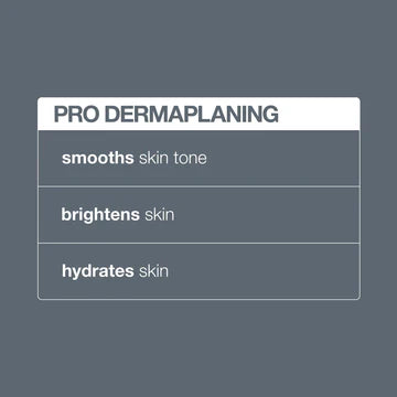 A gray graphic with the heading "pro dermaplaning treatment" by Dermalogica highlights three benefits: exfoliates to smooth skin tone, brightens, and hydrates for radiant-looking skin.