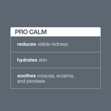 A gray background graphic lists benefits of Dermalogica pro calm treatment: reduces visible redness, supports skin barrier, hydrates, and soothes symptoms of rosacea, eczema, and psoriasis.