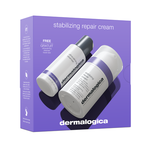 A purple box labeled Skin Repair Duo Kit by Dermalogica South Africa for sensitive skin, with two white bottles (purple and black text)—one standing, one lying down—and a note about a free travel size included.