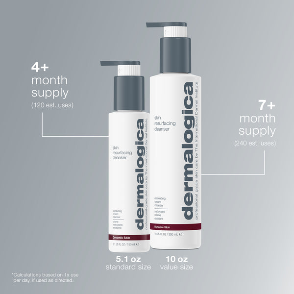 Two white bottles of Dermalogica skin resurfacing cleanser appear against a gray background. The 5.1 oz size lasts over 4 months; the 10 oz value size provides more than 7 months’ supply, ideal for ageing skin.
