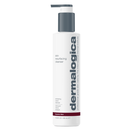 A white bottle of Dermalogica Skin Resurfacing Cleanser featuring a gray pump and red and gray text, labeled as an exfoliating cleanser with lactic acid for professional-grade skincare, specifically formulated to address aging skin.