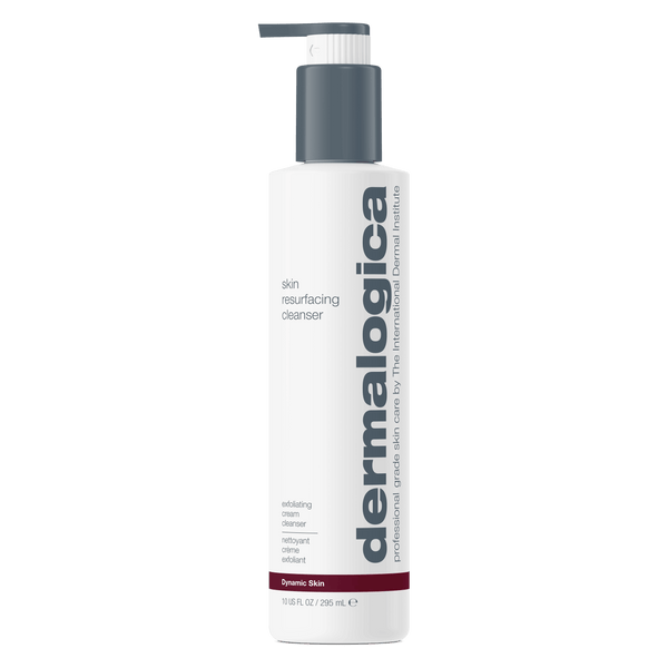 A white bottle of Dermalogica Skin Resurfacing Cleanser featuring a gray pump and red and gray text, labeled as an exfoliating cleanser with lactic acid for professional-grade skincare, specifically formulated to address aging skin.
