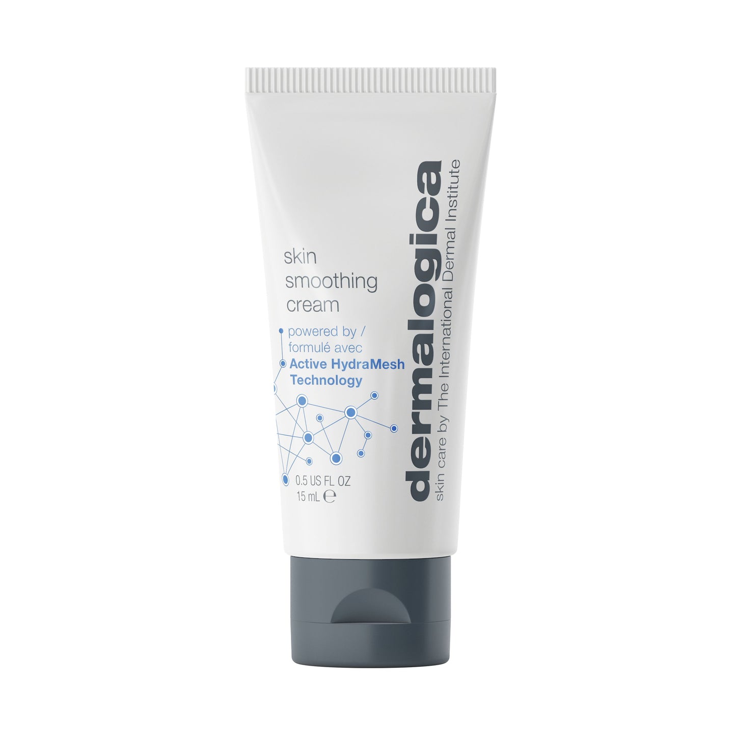 A white 15 ml tube of Dermalogica skin smoothing cream with a dark gray cap, blue and gray text, and an Active HydraMesh Technology graphic provides 48 hours of hydration.