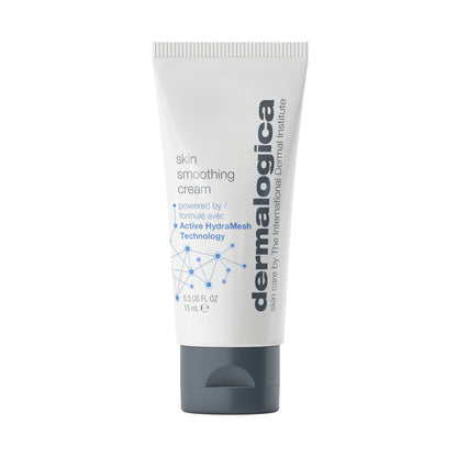 A white 15 ml tube of Dermalogica skin smoothing cream with a dark gray cap, blue and gray text, and an Active HydraMesh Technology graphic provides 48 hours of hydration.