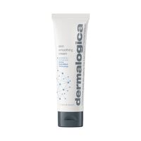A white 15 ml tube of Dermalogica skin smoothing cream with a dark gray cap, blue and gray text, and an Active HydraMesh Technology graphic provides 48 hours of hydration.