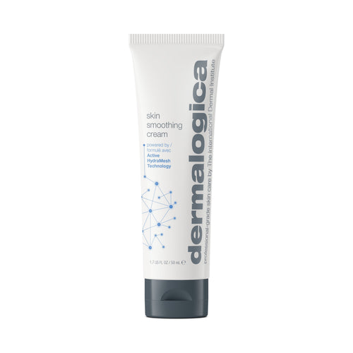 A white tube of Dermalogica skin smoothing cream with a dark gray cap, blue accents, and text highlighting Active HydraMesh Technology for 48-hour hydration from this advanced moisturiser.