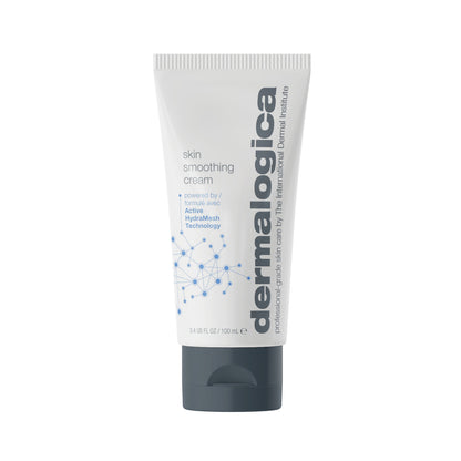 A 100 ml (3.4 fl oz) white tube of Dermalogica skin smoothing cream moisturiser with a dark gray cap, blue molecular graphics, and text highlighting Active HydraMesh Technology for 48-hour hydration.