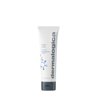 A white tube of Dermalogica active moist moisturizer with a gray cap and blue molecular graphic helps combat surface dehydration using Prebiotic Moisture Complex and nourishing plant extracts.