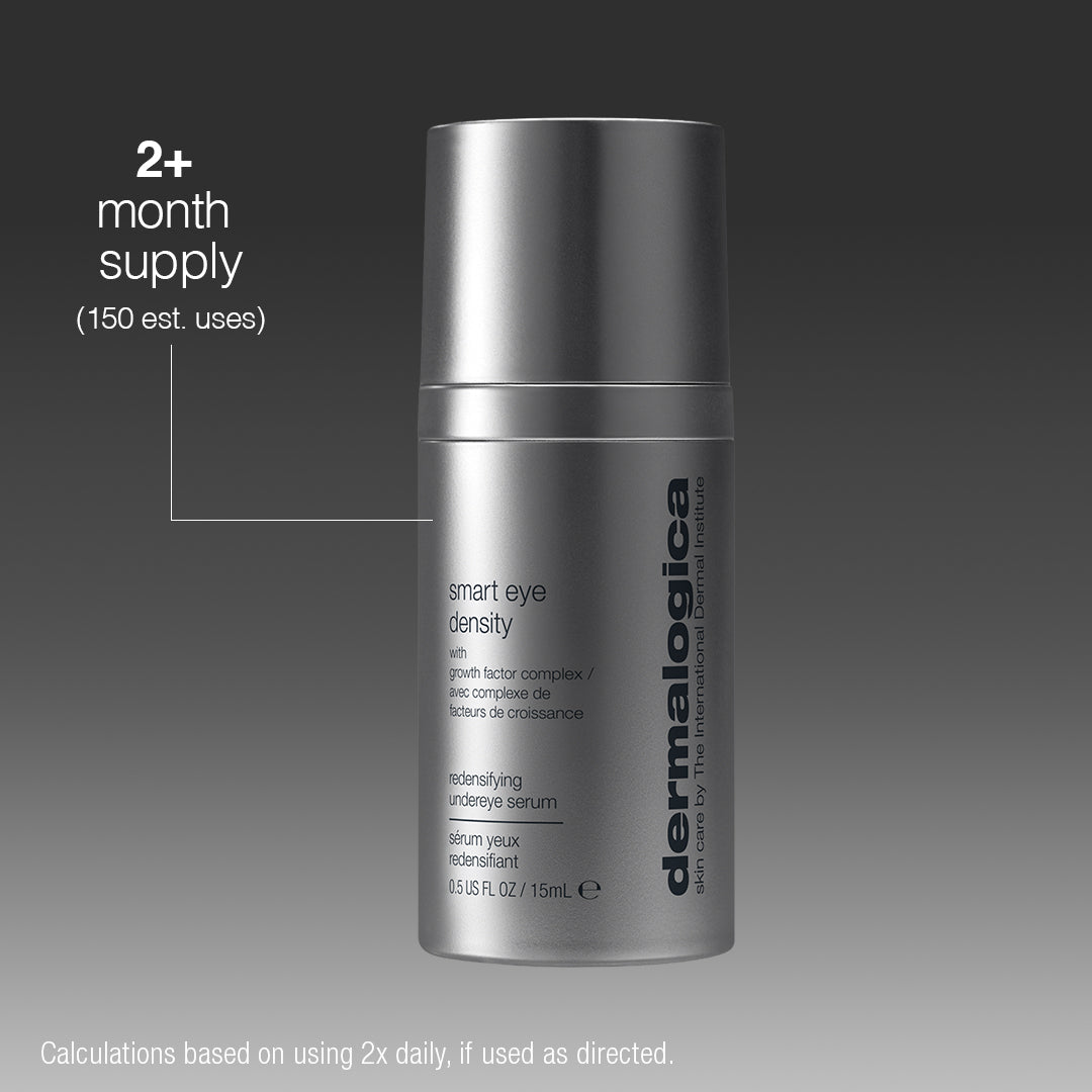 A silver bottle of Dermalogica South Africa smart eye density undereye serum is displayed against a gray background, with text indicating it provides a 2+ month supply (approximately 150 uses). This advanced undereye serum targets dark circles and helps diminish the look of fine lines and wrinkles. Dosage instructions are included at the bottom.