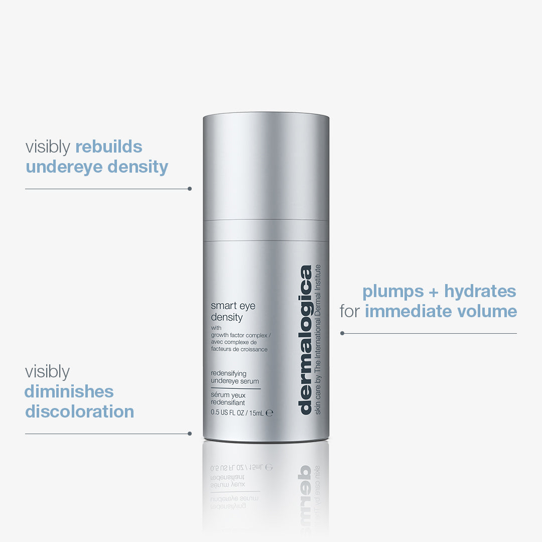 A sleek silver cylindrical bottle of Dermalogica South Africa’s smart eye density undereye serum, with text emphasizing its advanced formula: visibly rebuilds undereye density, plumps and hydrates for instant volume, reduces the appearance of dark circles and discoloration, and targets fine lines and wrinkles.