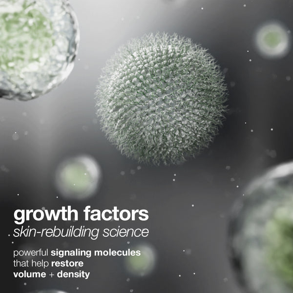 A close-up illustration of spherical, spiky-surfaced molecules floating on a gray background. Text reads: smart eye density undereye serum by Dermalogica South Africa—powered by growth factors and advanced skin-rebuilding science. Potent signaling molecules help restore volume and density, targeting fine lines and wrinkles for visibly smoother under-eyes.