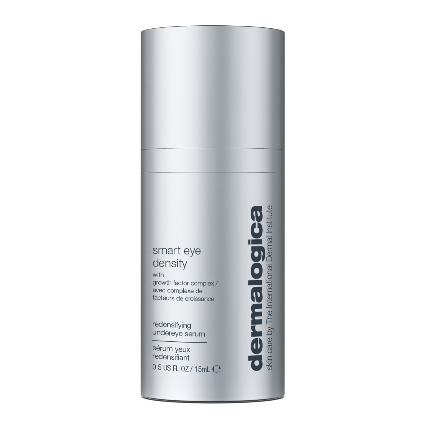 A silver cylindrical bottle of Dermalogica South Africa smart eye density undereye serum, 15 mL, featuring both vertical and horizontal text with the product name and key features. This advanced serum is specially formulated to target dark circles, fine lines, and wrinkles for a revitalized under-eye appearance.