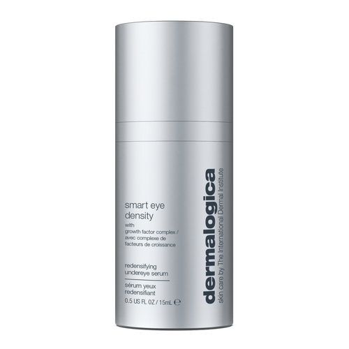 A silver cylindrical bottle of Dermalogica South Africa smart eye density undereye serum, 15 mL, featuring both vertical and horizontal text with the product name and key features. This advanced serum is specially formulated to target dark circles, fine lines, and wrinkles for a revitalized under-eye appearance.