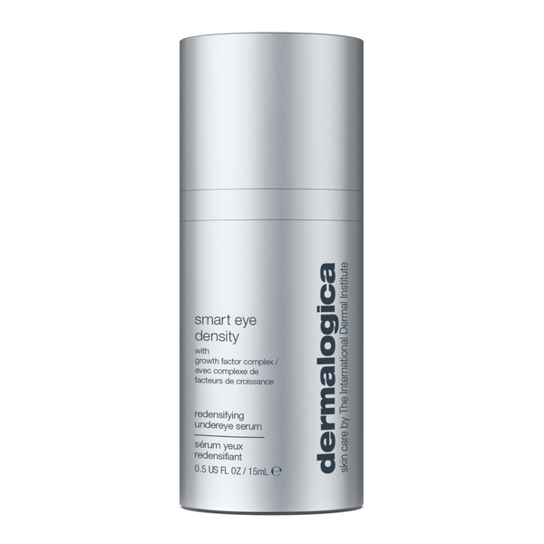 A silver cylindrical bottle of Dermalogica South Africa smart eye density undereye serum, 15 mL, featuring both vertical and horizontal text with the product name and key features. This advanced serum is specially formulated to target dark circles, fine lines, and wrinkles for a revitalized under-eye appearance.