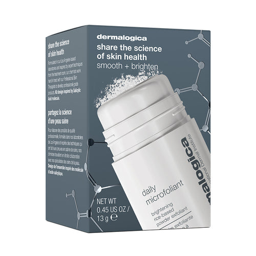A box of Dermalogica South Africa's smooth + brighten: daily microfoliant (1 travel size), with the tilted bottle open and powder spilling out, features packaging that highlights smooth + brighten and shares the science of skin health.