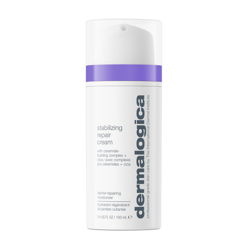 A white 100 ml Dermalogica stabilizing repair cream bottle features a purple band near the top and gray text. This ceramide-building complex moisturizer is designed for sensitive skin.