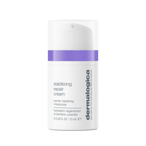A white pump bottle of Dermalogica stabilizing repair cream with a purple band, blue and grey text, and product details. Contains 15 mL (0.5 fl oz). Formulated for sensitive skin with a ceramide-building complex.
