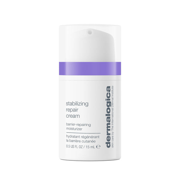 A white pump bottle of Dermalogica stabilizing repair cream with a purple band, blue and grey text, and product details. Contains 15 mL (0.5 fl oz). Formulated for sensitive skin with a ceramide-building complex.
