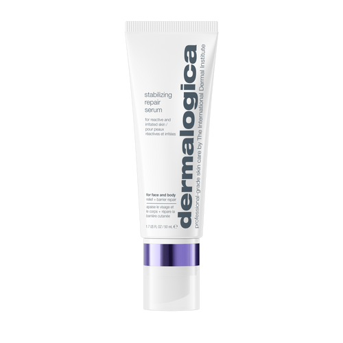 A white tube of Dermalogica South Africa stabilizing repair face + body serum, featuring a purple band near the cap and formulated to provide redness relief and support the skin’s moisture barrier, stands upright on a plain white background.