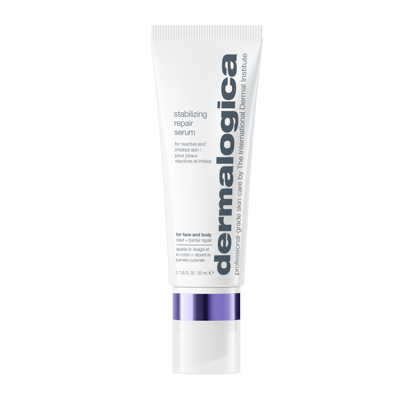 A white tube of Dermalogica South Africa stabilizing repair face + body serum, featuring a purple band near the cap and formulated to provide redness relief and support the skin’s moisture barrier, stands upright on a plain white background.