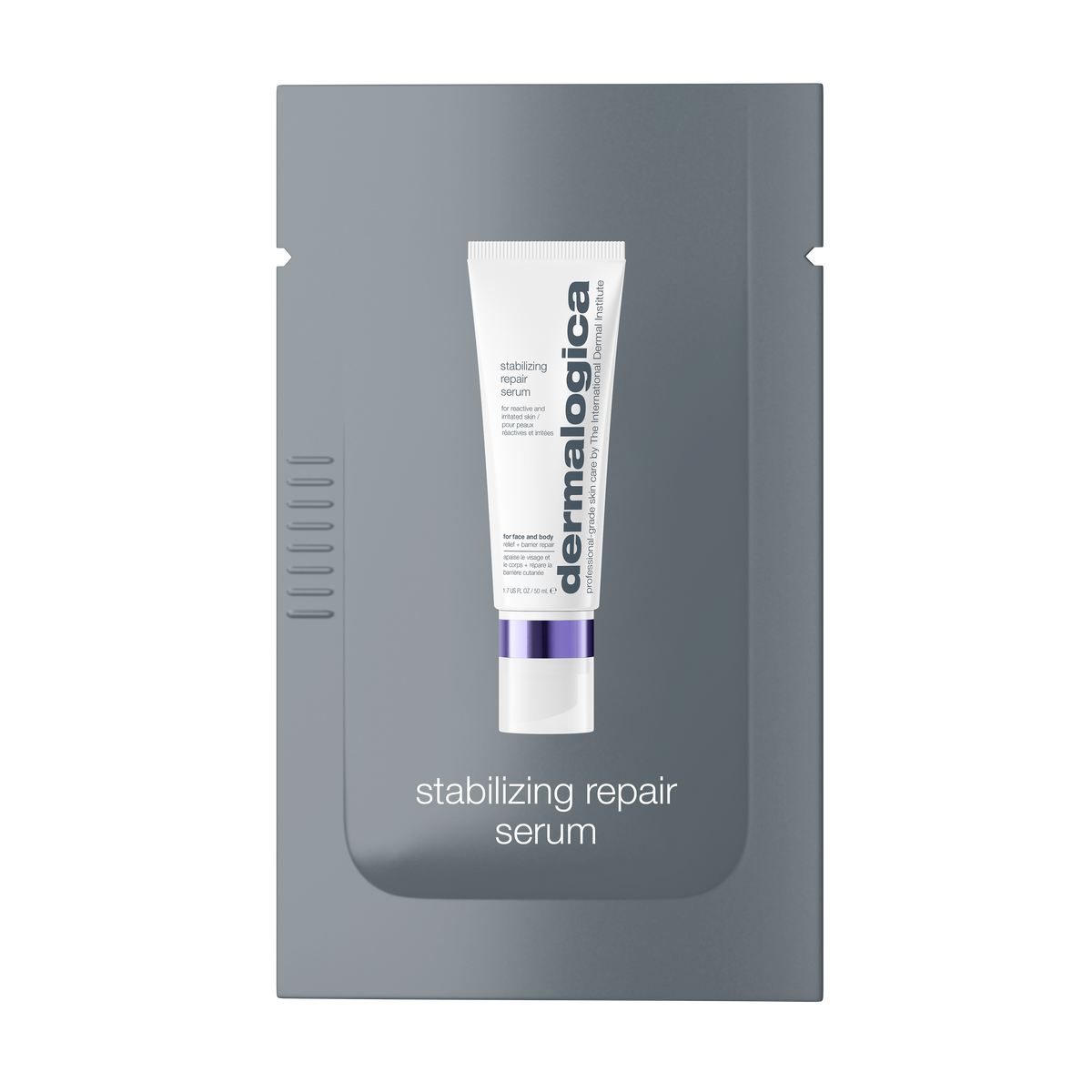 A sample packet of Dermalogica South Africa’s NEW stabilizing repair face + body serum, displayed as a white tube with a purple band on a gray background.