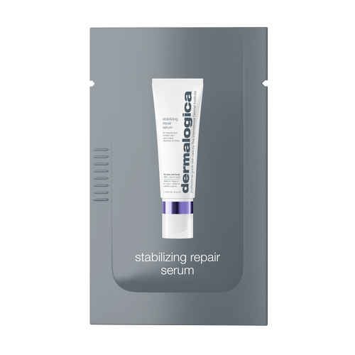 A sample packet of Dermalogica South Africa’s NEW stabilizing repair face + body serum, displayed as a white tube with a purple band on a gray background.