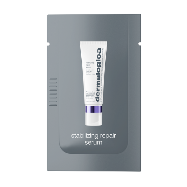 A sample packet of Dermalogica South Africa’s NEW stabilizing repair face + body serum, displayed as a white tube with a purple band on a gray background.