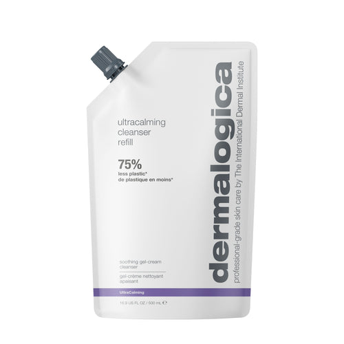 A white 500 ml refill pouch of Dermalogica ultracalming cleanser for sensitive skin, featuring a black cap, gray text, 75% less plastic packaging, and the Dermalogica brand name running vertically along the right side.