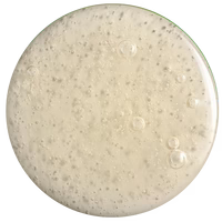 Close-up view of bubbly, slightly frothy sourdough starter or yeast dough in a round container, showing an off-white, creamy surface with small bubbles and air pockets.