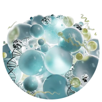 Abstract image featuring blue and white spheres, DNA helix strands, and swirling yellow lines on a light background, evoking a scientific or molecular theme.