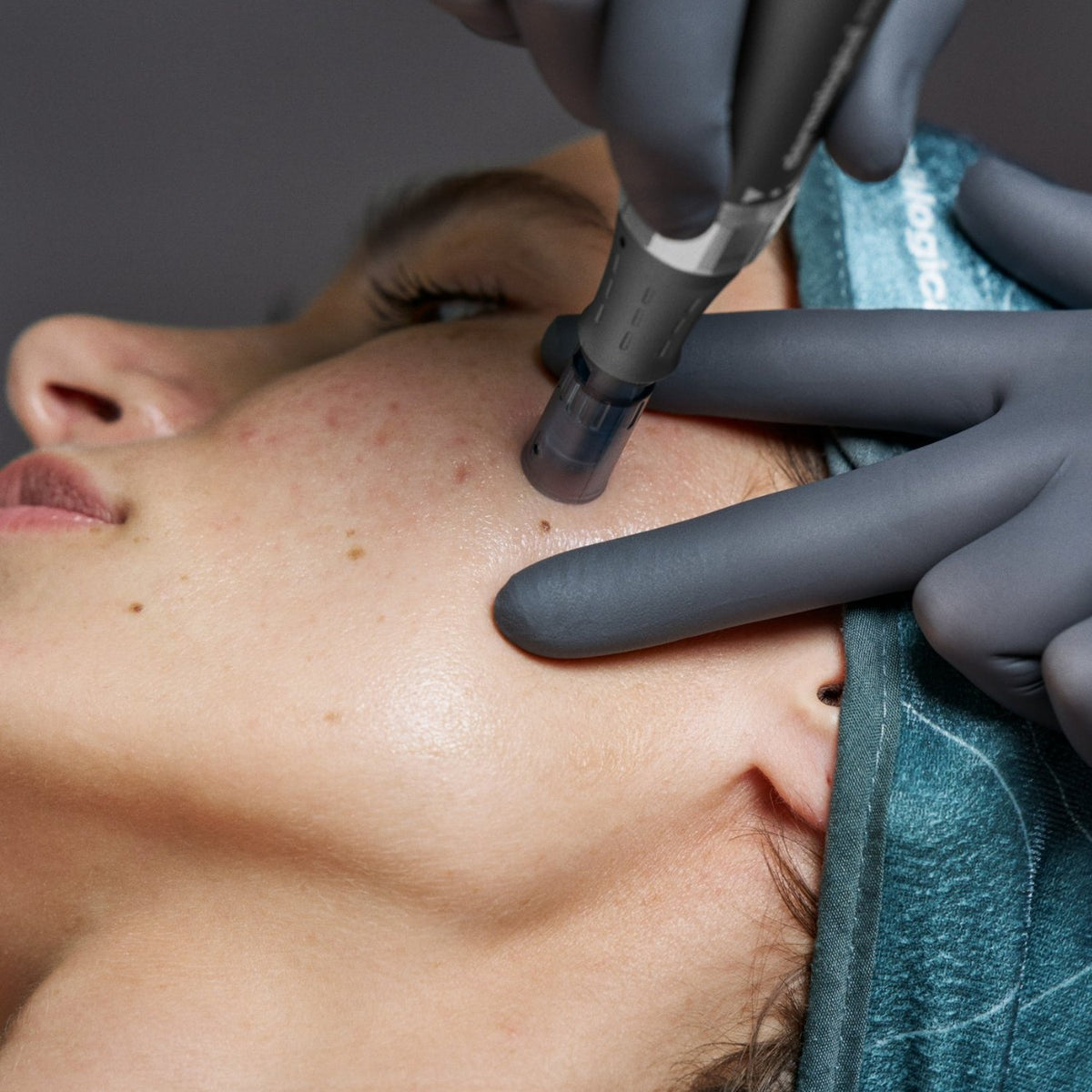 A therapist performs an acne scar reduction microneedling treatment on a client's cheek.