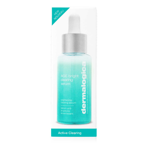 Dermalogica Age Bright Clearing Serum is a breakout serum with salicylic acid in a blue glass bottle with a silver dropper cap. The packaging highlights its Active Clearing, brightening, and anti-ageing benefits.