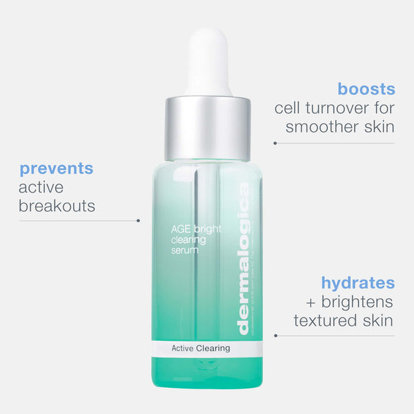 Dermalogica Age Bright Clearing Serum is an anti-ageing breakout serum with a dropper that prevents active breakouts, boosts cell turnover for smoother skin, and hydrates and brightens textured skin.