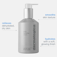 A gray pump bottle of Dermalogica body hydrating cream, displaying the brand name prominently and details on lactic acid and essential oils in a minimalist design.