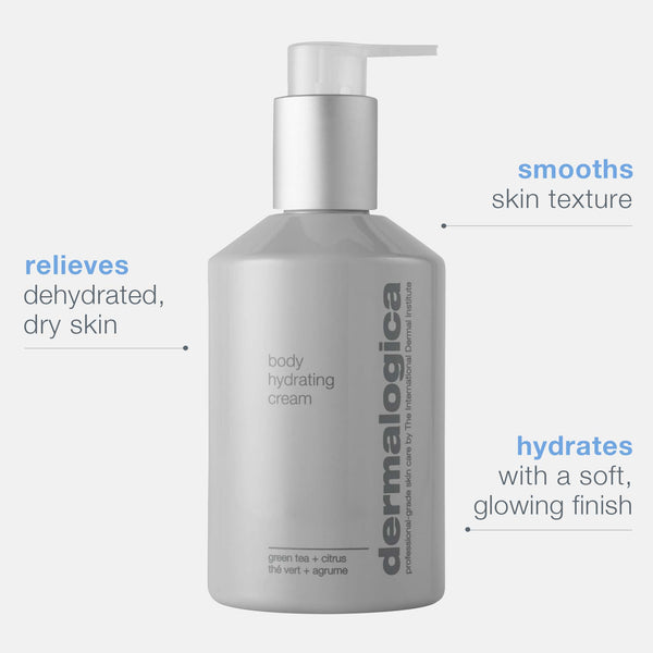 A gray bottle of Dermalogica body hydrating cream with a pump dispenser hydrates and relieves dry skin. Formulated with lactic acid and essential oils to smooth texture for a soft, glowing finish.